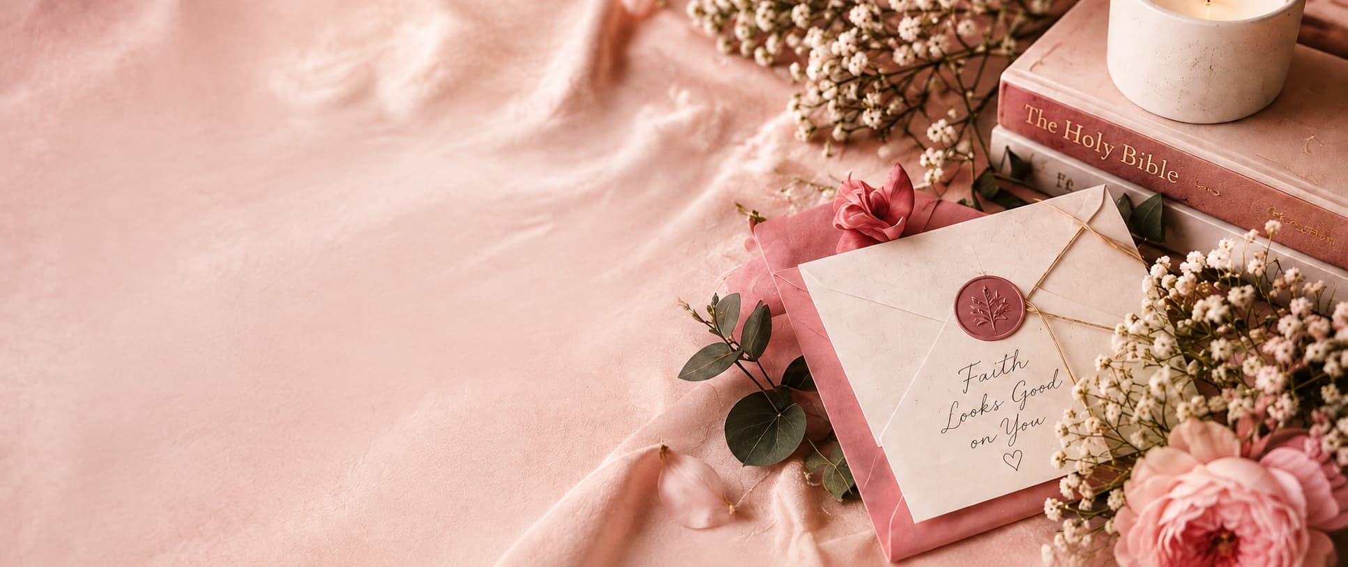 Blush fabric, flowers, a Bible, candle, ribbon, and envelopes with a burgundy wax seal