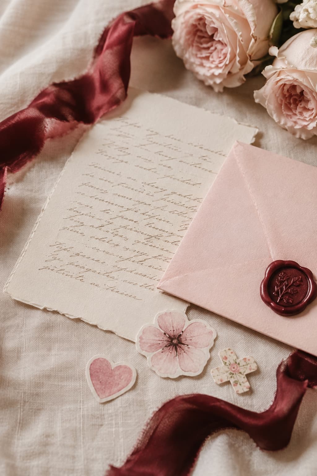 Editorial composition of a letter, blush envelope, three stickers, and a burgundy wax seal