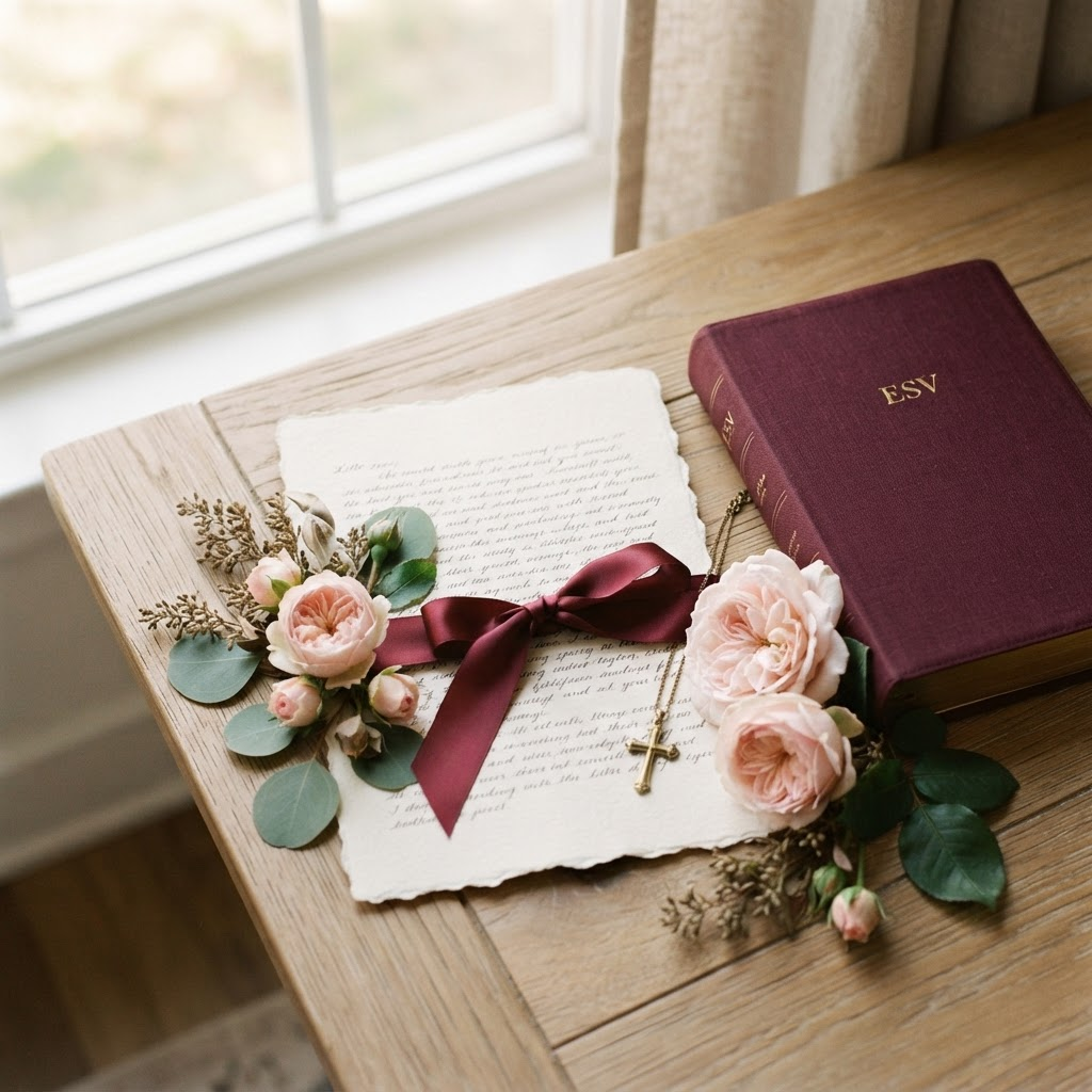 A handwritten devotional letter beside pink roses, a Bible, ribbon, and a gold cross